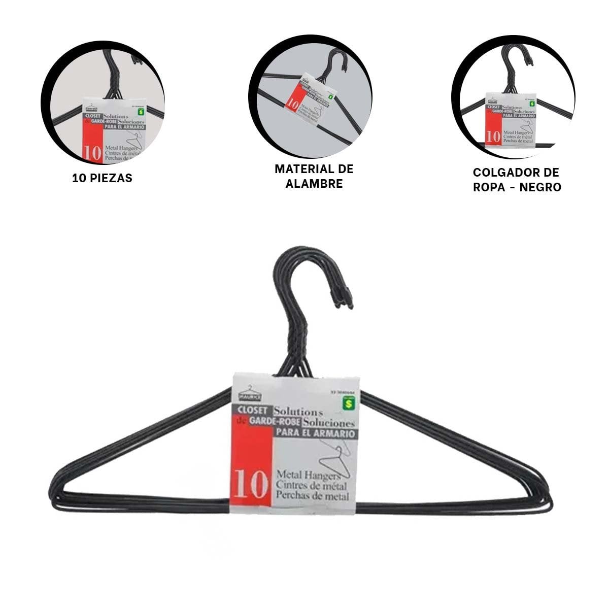 COLGADOR DE ALAMBRE NEGRO CON 10 PIEZAS 21X40CM PARA ORGANIZAR PRENDAS - 3