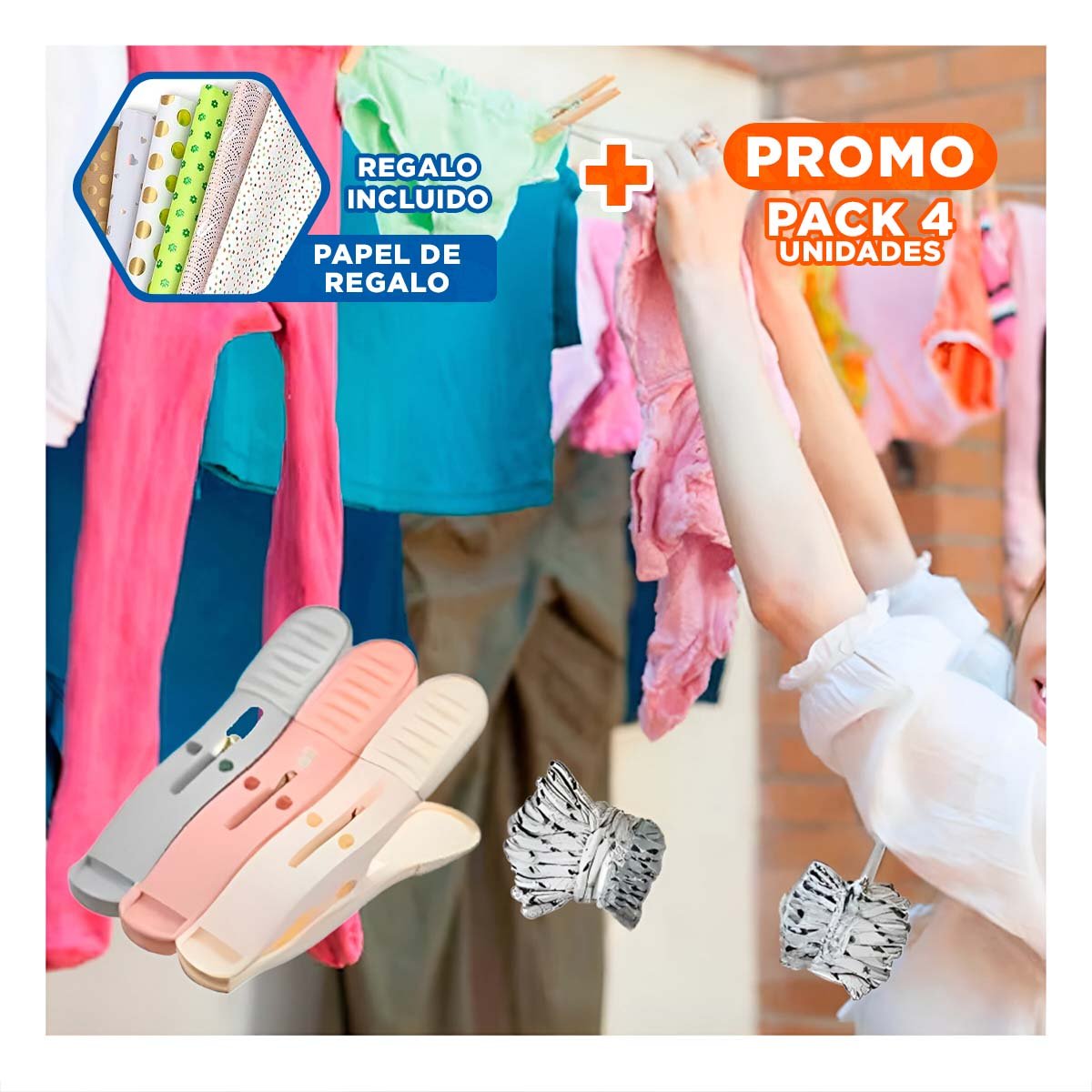 PACK4 CLIPS DE ROPA MULTICOLOR EN TRES TONOS CON CUERDA PARA SECADO Y+PAPEL REGALO - 1