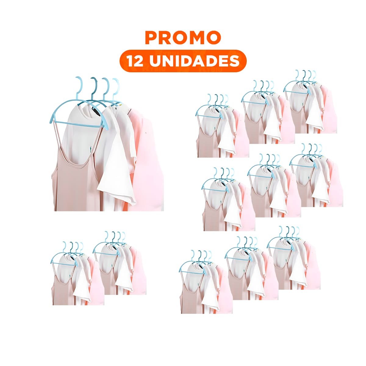 PACK12 SOPORTE SIMPLE DE PLASTICO CELESTE CIRCULO EN MEDIO DE 4 PIEZAS PRENDAS Y+REGALO STICKER - 1