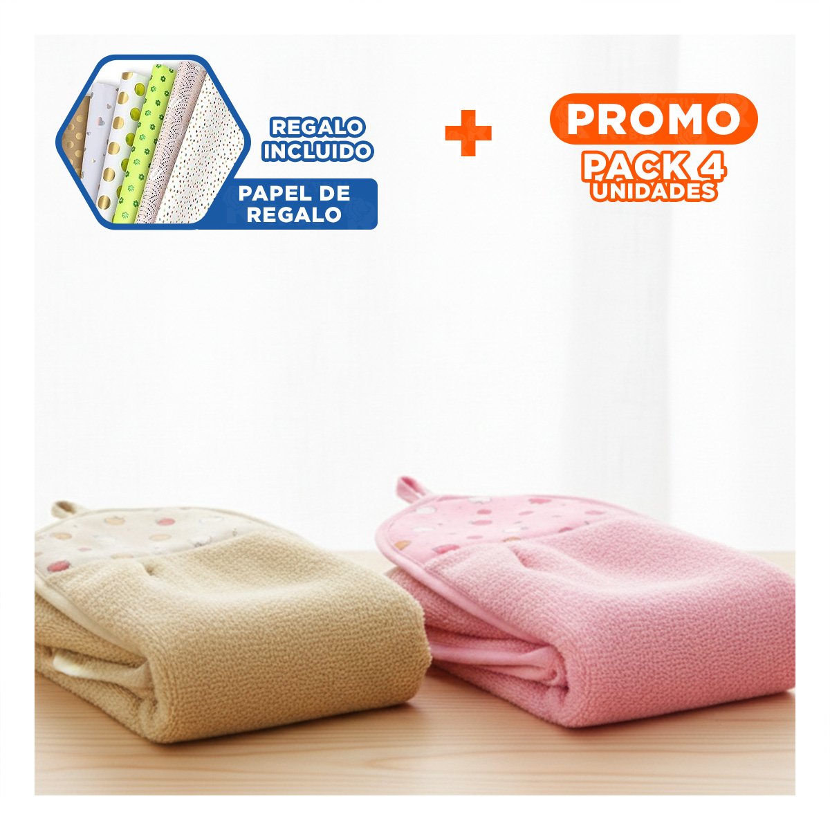 PACK4 LOTE 2 PIEZAS ROSADO Y AMARILLO TOALLAS COLGADOR PRACTICO 28X38CM Y+PAPEL REGALO - 1