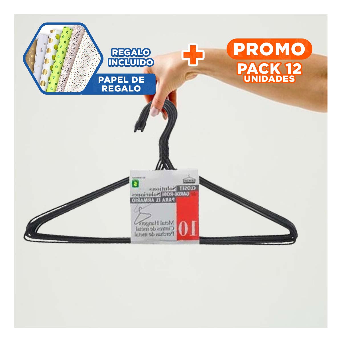 PACK12 PERCHA DE ALAMBRE NEGRA CON 10 PIEZAS 21X40CM PARA COLGAR ROPA Y+PAPEL REGALO - 1