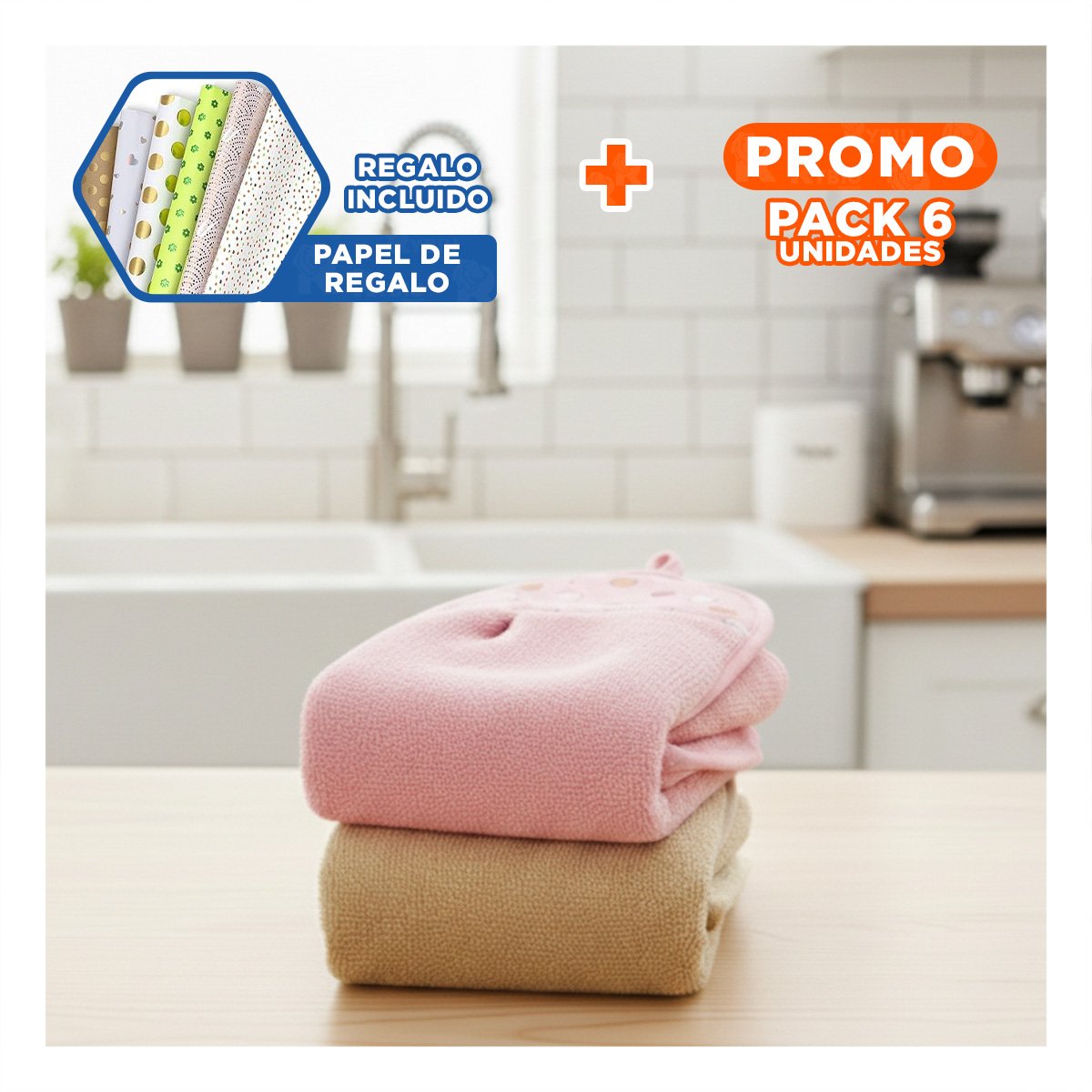 PACK6 LOTE PRACTICO 2 PIEZAS ROSADO Y AMARILLO TOALLAS COLGADOR 28X38CM Y+PAPEL REGALO - 1