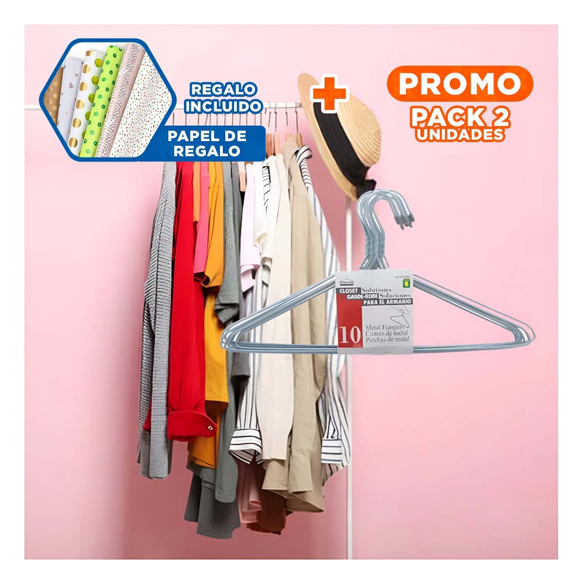 PACK2 GANCHO DE ALAMBRE PLOMO CON 10 PIEZAS 21X40CM PARA ROPA DIARIA Y+PAPEL REGALO - 1