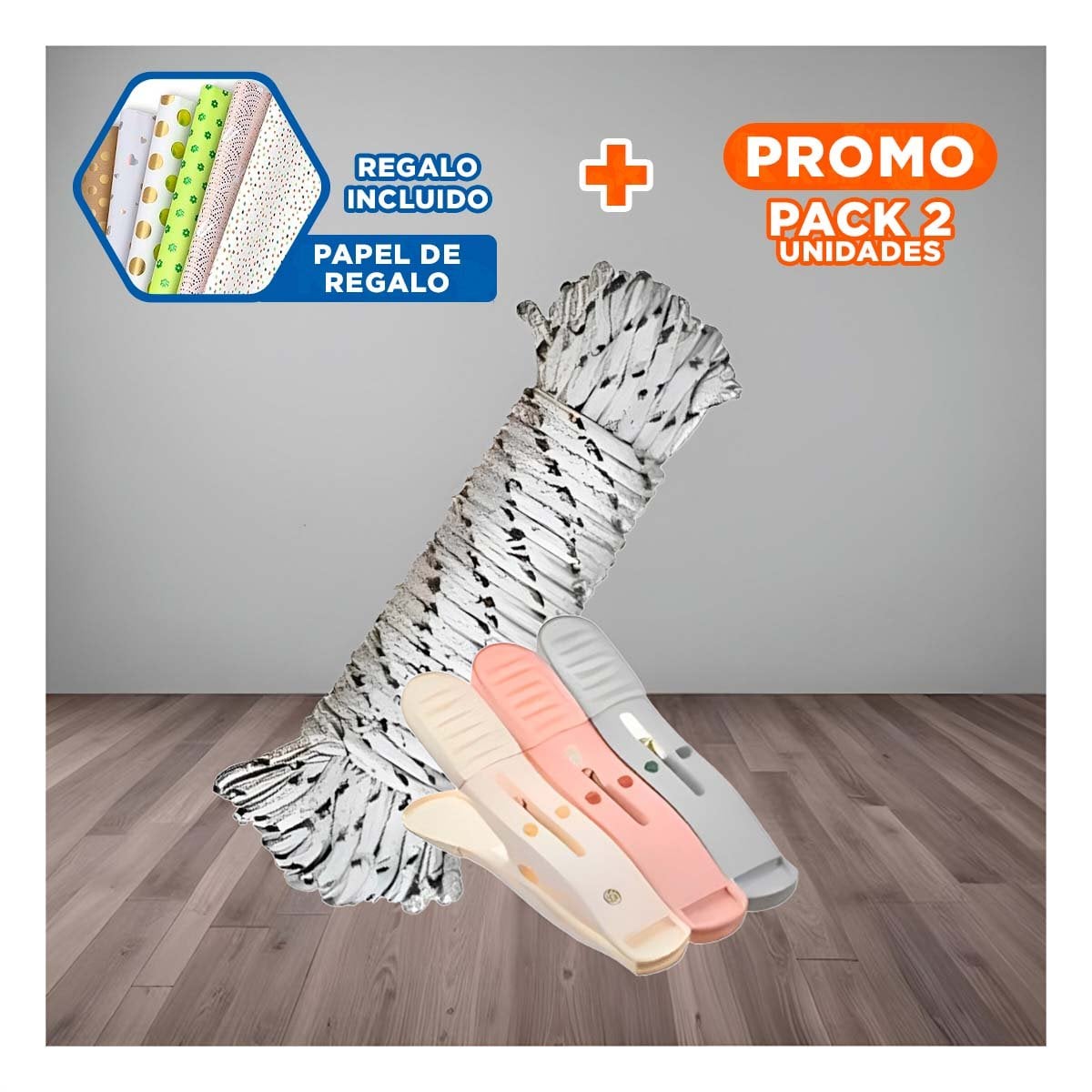 PACK2 BROCHES DE ROPA MULTICOLOR EN TRES TONOS CON CUERDA PARA CASA Y+PAPEL REGALO - 1