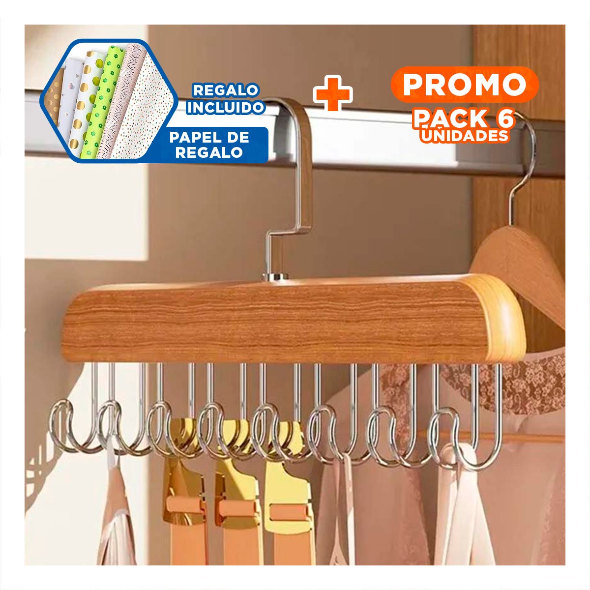 PACK6 COLGADOR PRACTICO CON OCHO GANCHOS PARA ESPACIOS FUNCIONALES DEL HOGAR Y+PAPEL REGALO - 1