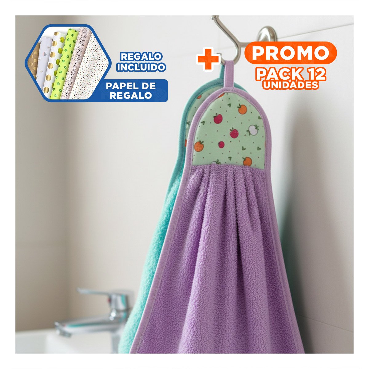 PACK12 COMBO TOALLAS DE MANO 2 PIEZAS MORADO Y VERDE AGUA COLGADOR DURABLE Y+PAPEL REGALO - 1