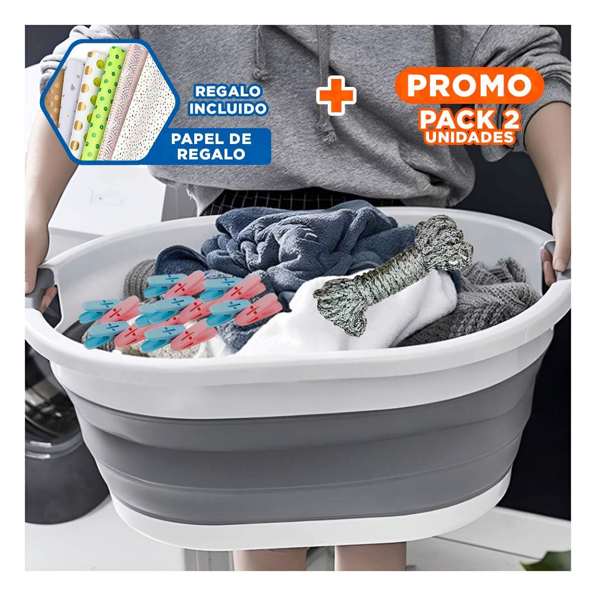 PACK2 BROCHES CURVOS DE PLASTICO PARA ROPA EN DOS COLORES CON CUERDA DE 5M Y+PAPEL REGALO - 1