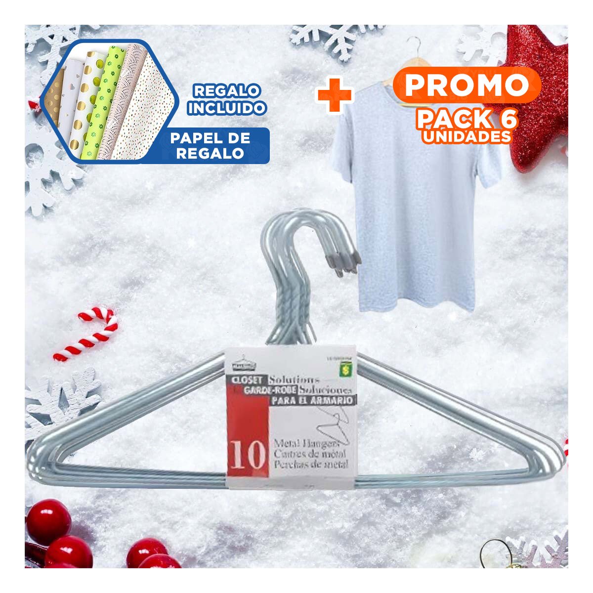 PACK6 PERCHA PLOMO DE ALAMBRE CON 10 PIEZAS 21X40CM PARA ROPA DEL HOGAR Y+PAPEL REGALO - 1