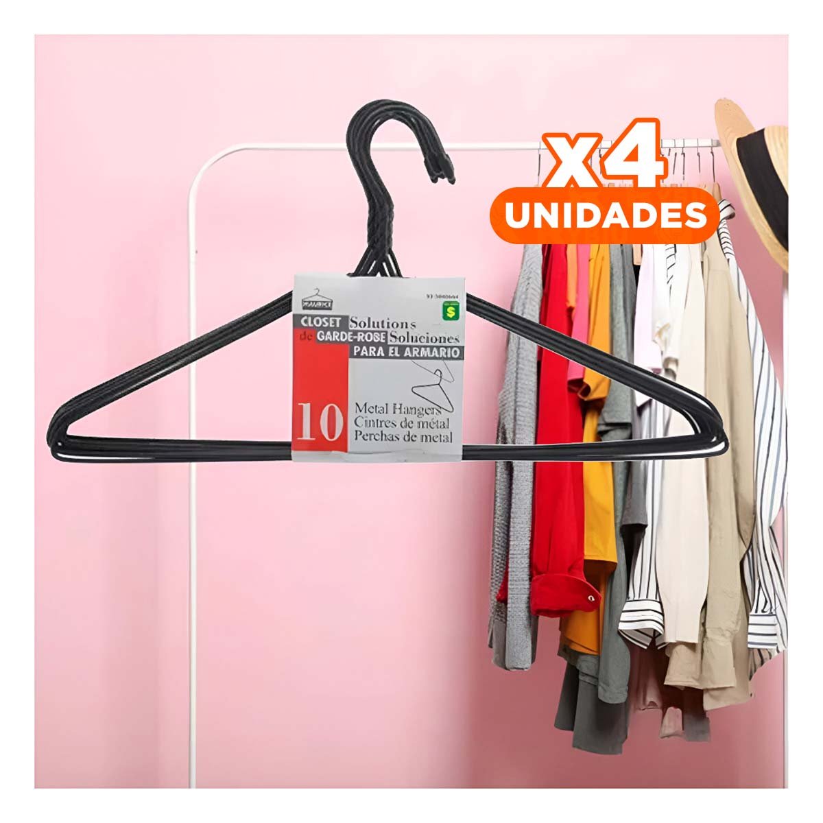 PACK4 SOPORTE CLASICO DE ALAMBRE NEGRO CON 10 PIEZAS 21X40CM PARA PRENDAS - 1