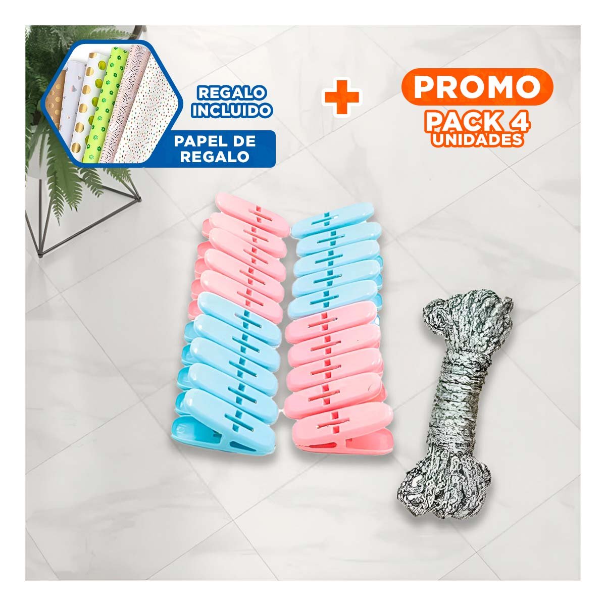 PACK4 CLIPS CURVOS DE PLASTICO MULTICOLOR PARA ROPA CON CUERDA PARA SECADO YPAPEL REGALO - 1