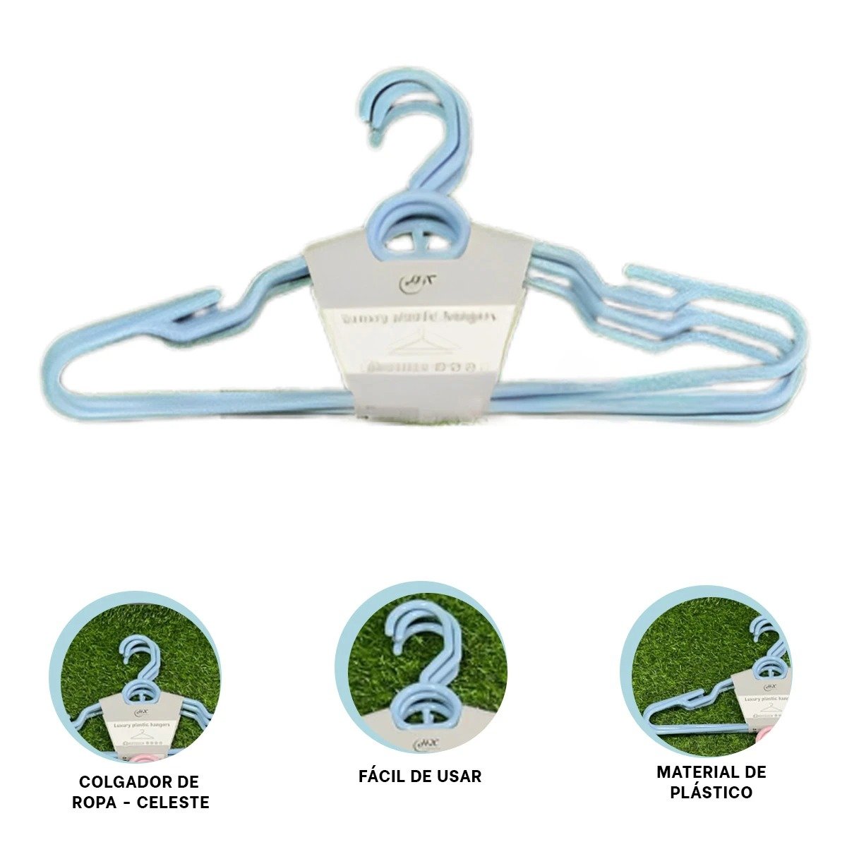 PACK6 SOPORTE BASICO DE PLASTICO CELESTE CIRCULO EN MEDIO DE 4 PIEZAS PRENDAS Y+REGALO STICKER - 2