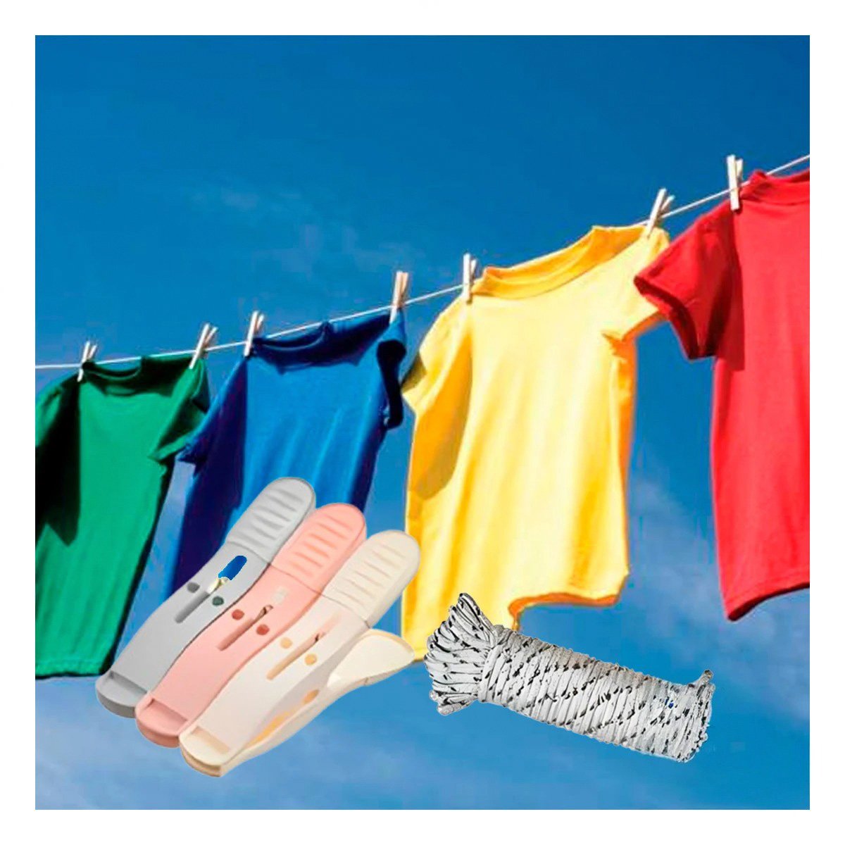 PACK12 CLIPS MULTICOLOR PARA ROPA EN TRES TONOS CON CUERDA PARA SECADO CLASICO Y+REGALO STICKER - 5