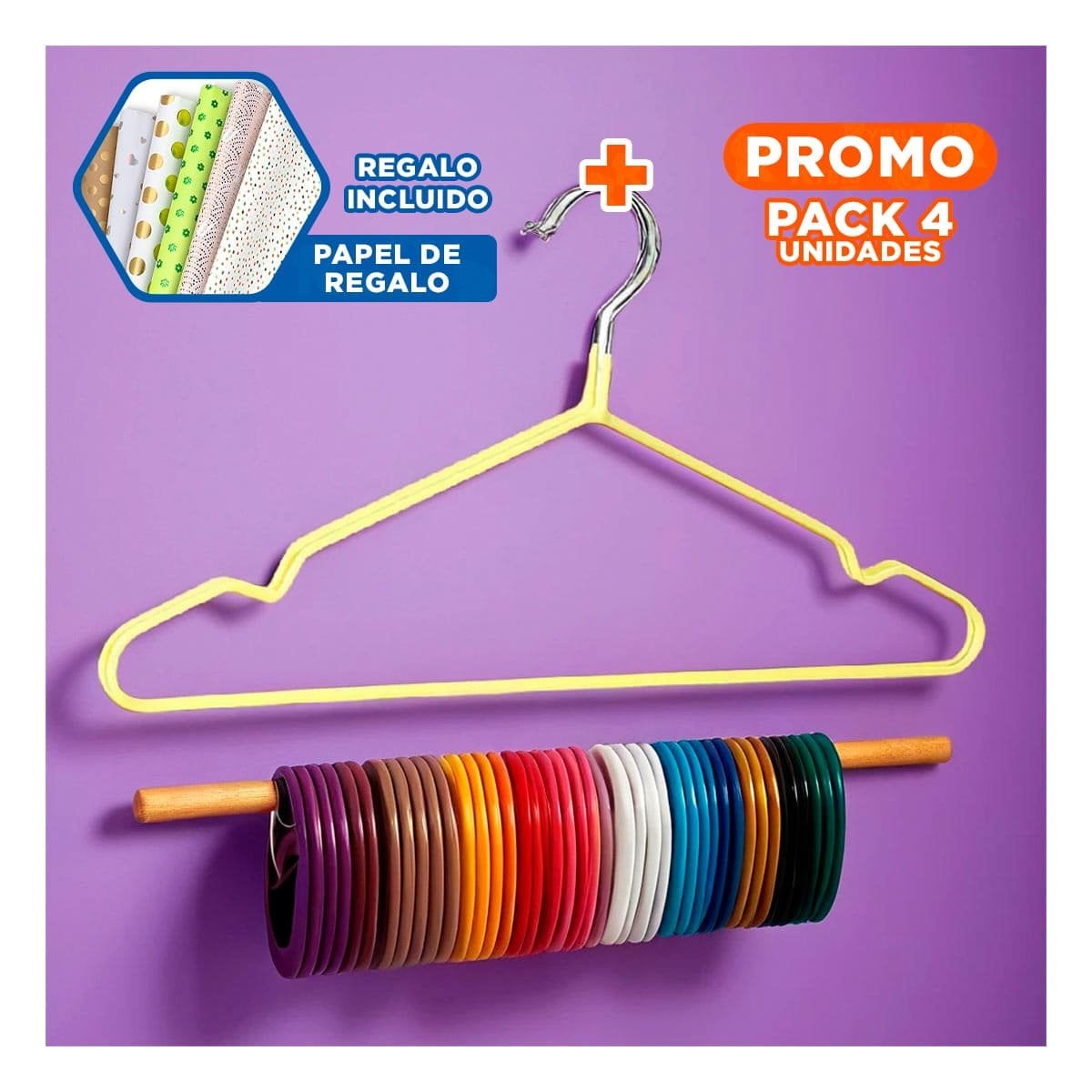 PACK4 PERCHERO PARA CLOSET DE ALAMBRE CON PLASTICO AMARILLO 5 PIEZAS CASA Y+PAPEL REGALO - 1