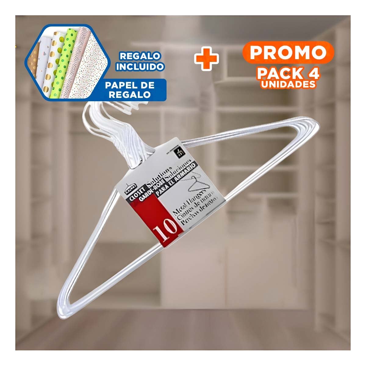 PACK4 SUJETADOR DE ALAMBRE BLANCO PACK 10 PIEZAS 21X40CM PARA ROPA Y+PAPEL REGALO - 1