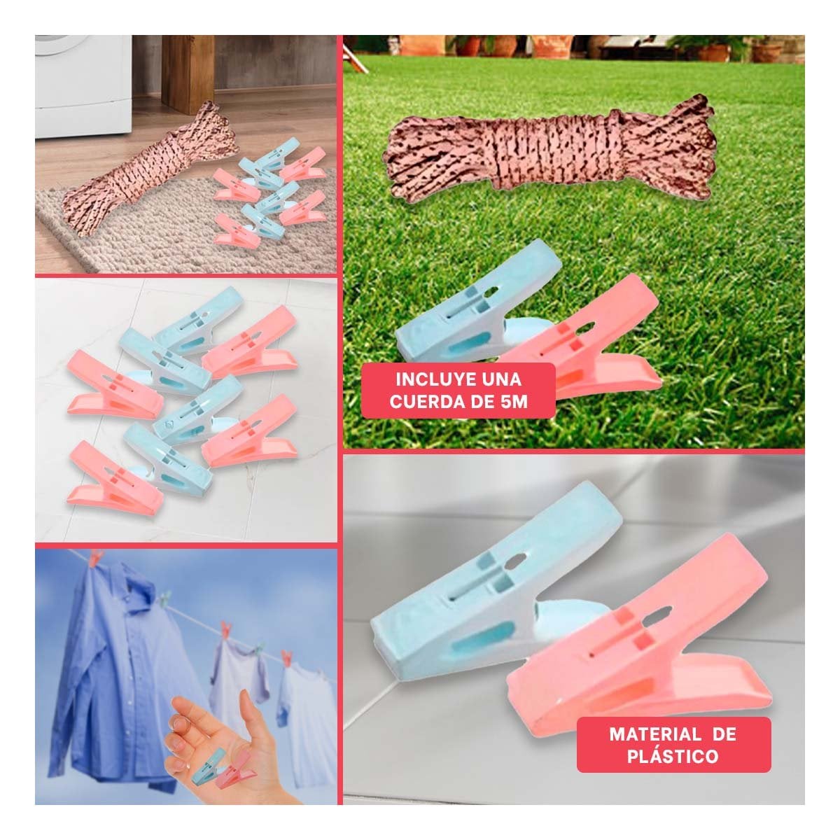 SUJETADORES DE PLASTICO CUADRADOS PARA ROPA EN DOS COLORES CON CUERDA Y+LIGAS REGALO - 5