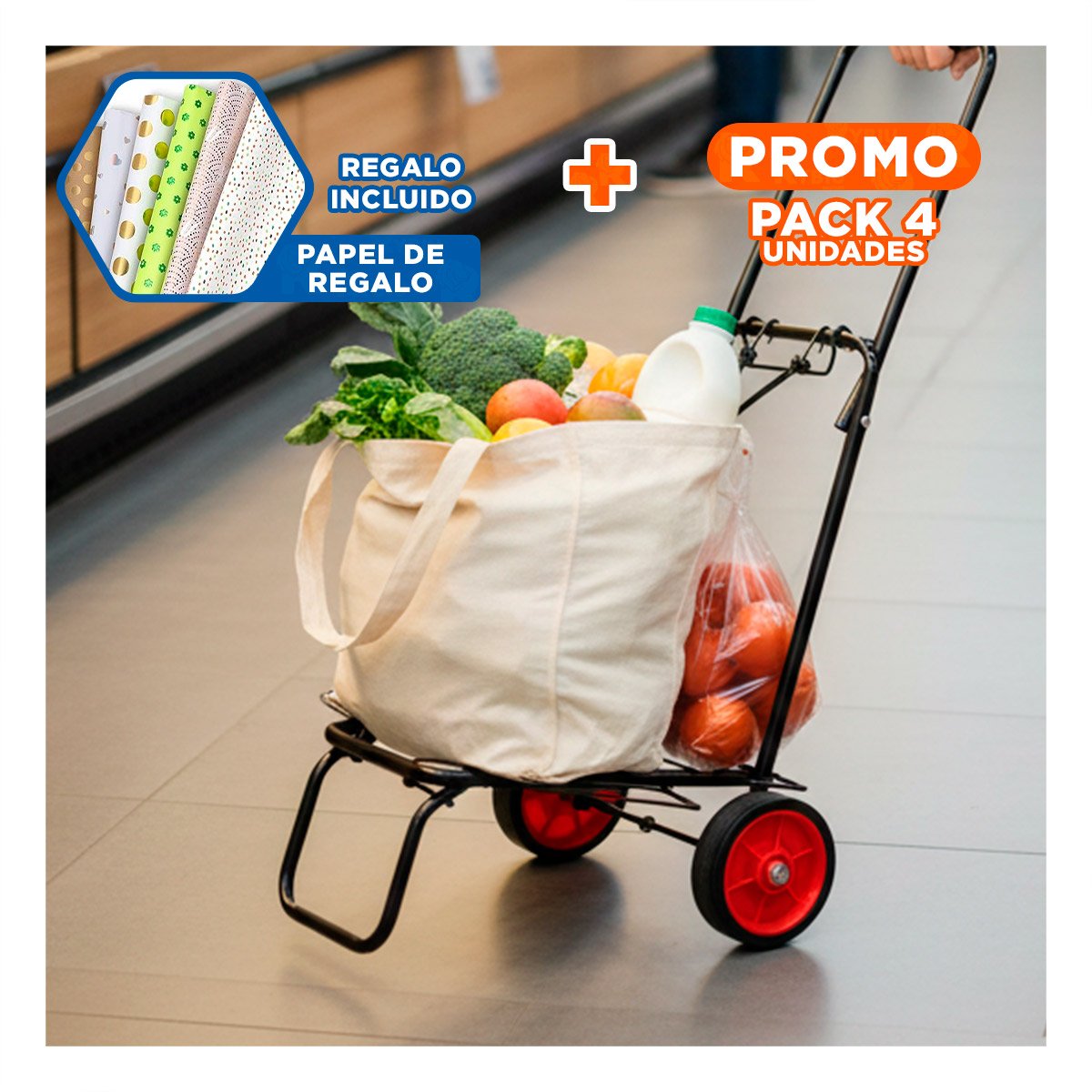 PACK4 CARRITO MOVIL PLEGABLE NEGRO CON LIGA PARA USO DIARIO Y+PAPEL REGALO - 1