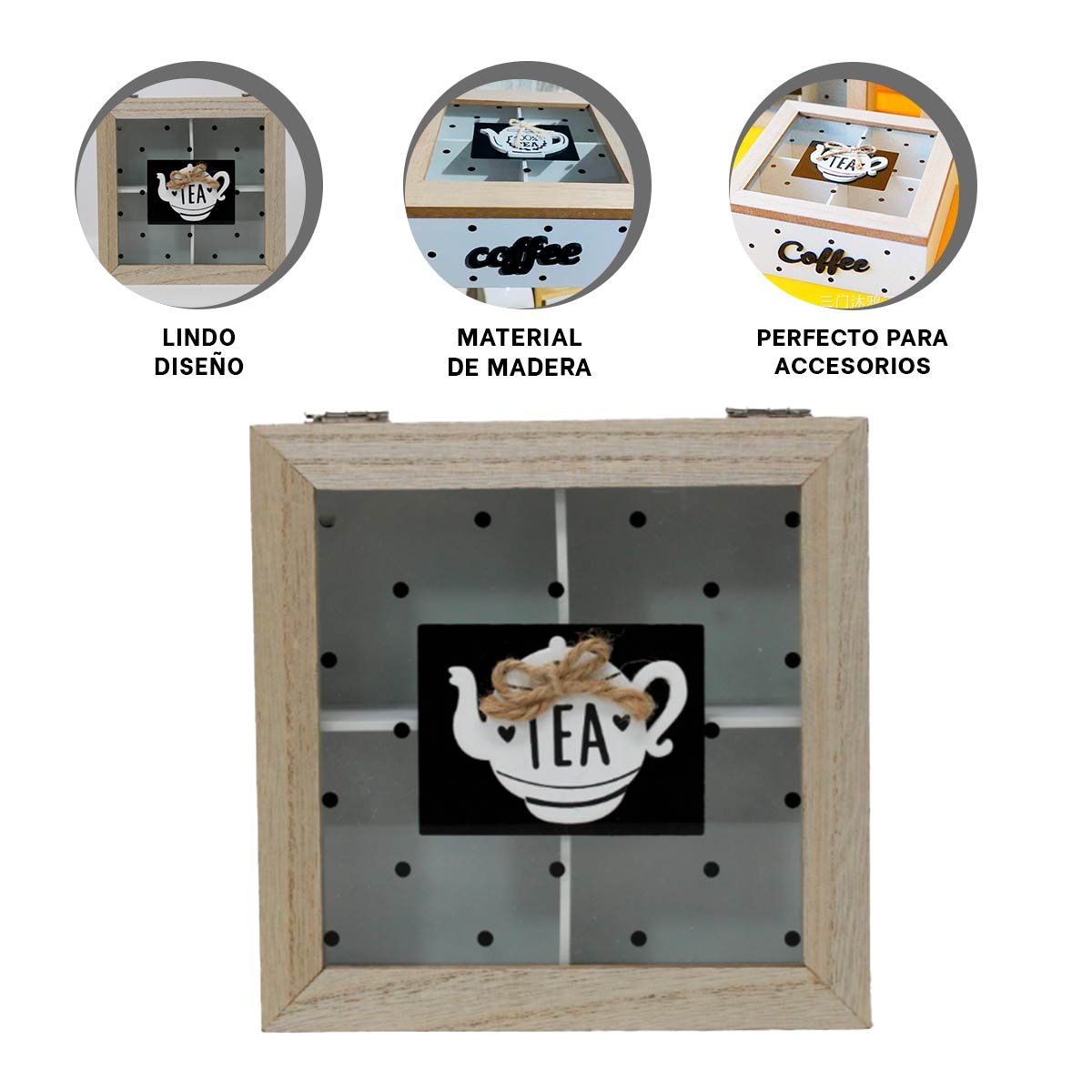ESTUCHE DE MADERA CON DIVISIONES PARA TE Y CAFE BLANCO DECORACION HOGAR CASA - 3