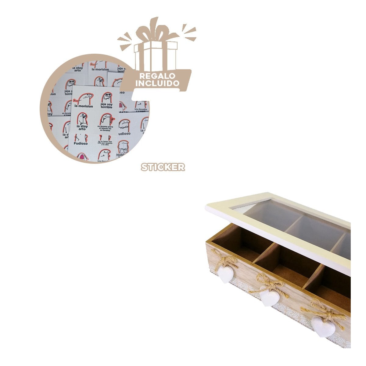 ACCESORIO DE MADERA CON 6 DIVISIONES DECORATIVAS CON CORAZONES PARA CASA Y+REGALO STICKER - 1
