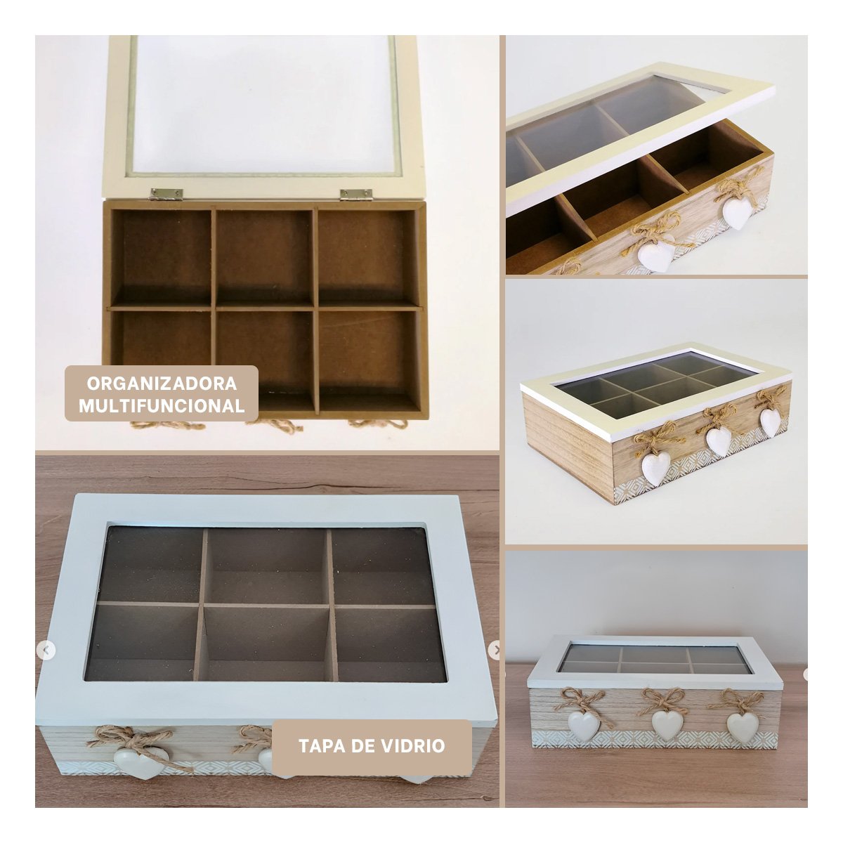 MODULO DE MADERA CON 6 DIVISIONES DECORATIVAS CON CORAZONES PARA HOGAR Y+POST IT - 1
