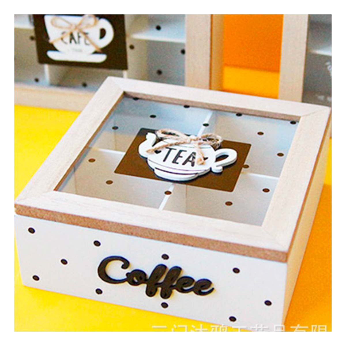 ESTUCHE DE MADERA CON COMPARTIMENTOS PARA TE Y CAFE BLANCO HOGAR CASA FESTIVO Y+LIGAS REGALO - 1