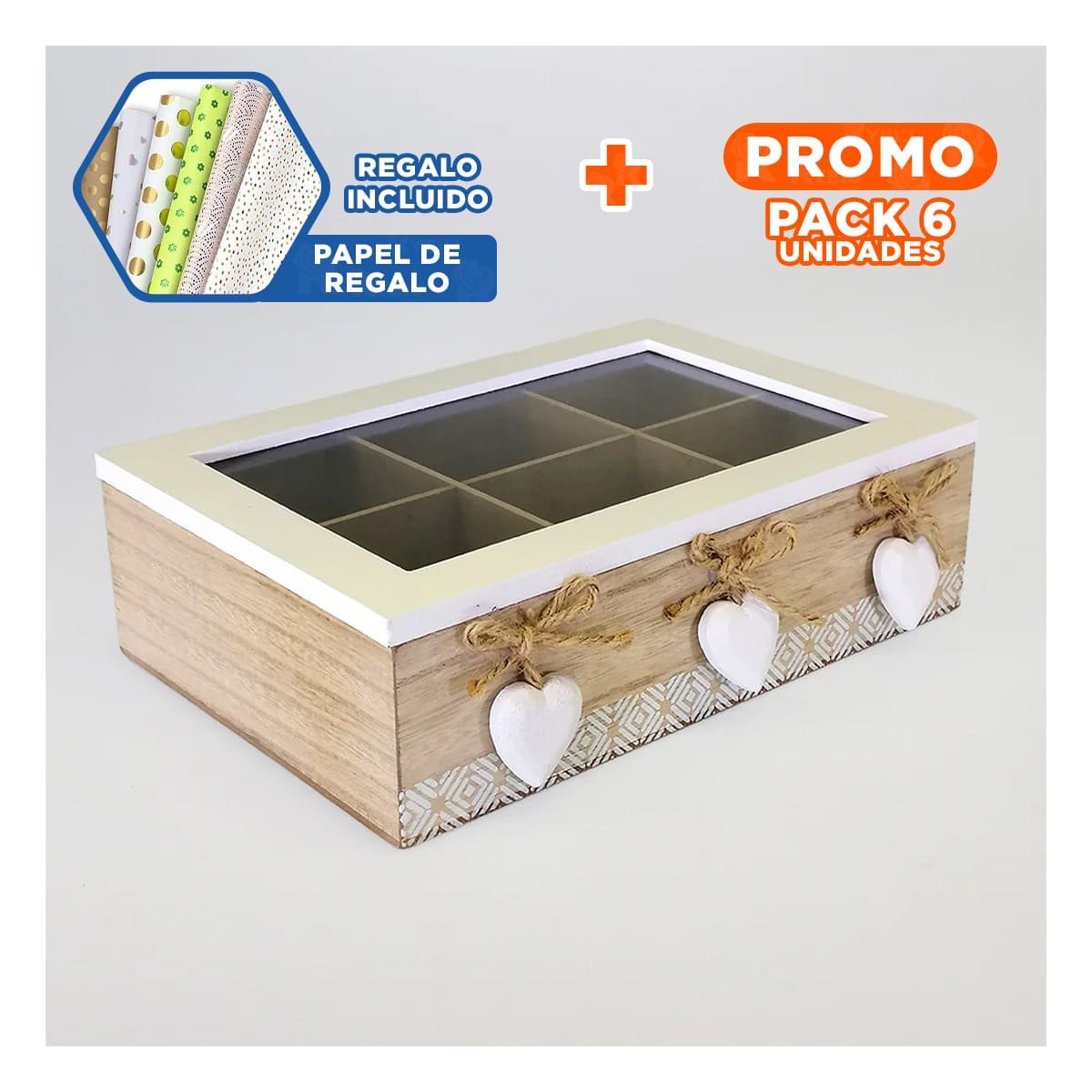 PACK6 ESTUCHE ARTESANAL DE MADERA CON 6 DIVISIONES Y CORAZONES PARA CASA Y+PAPEL REGALO - 1