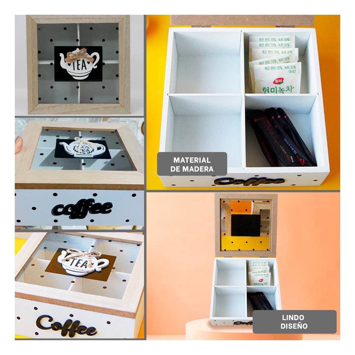 ESTUCHE DE MADERA MULTIUSO CON COMPARTIMENTOS PARA TE Y CAFE BLANCO DECORACION HOGAR Y+POST IT - 1