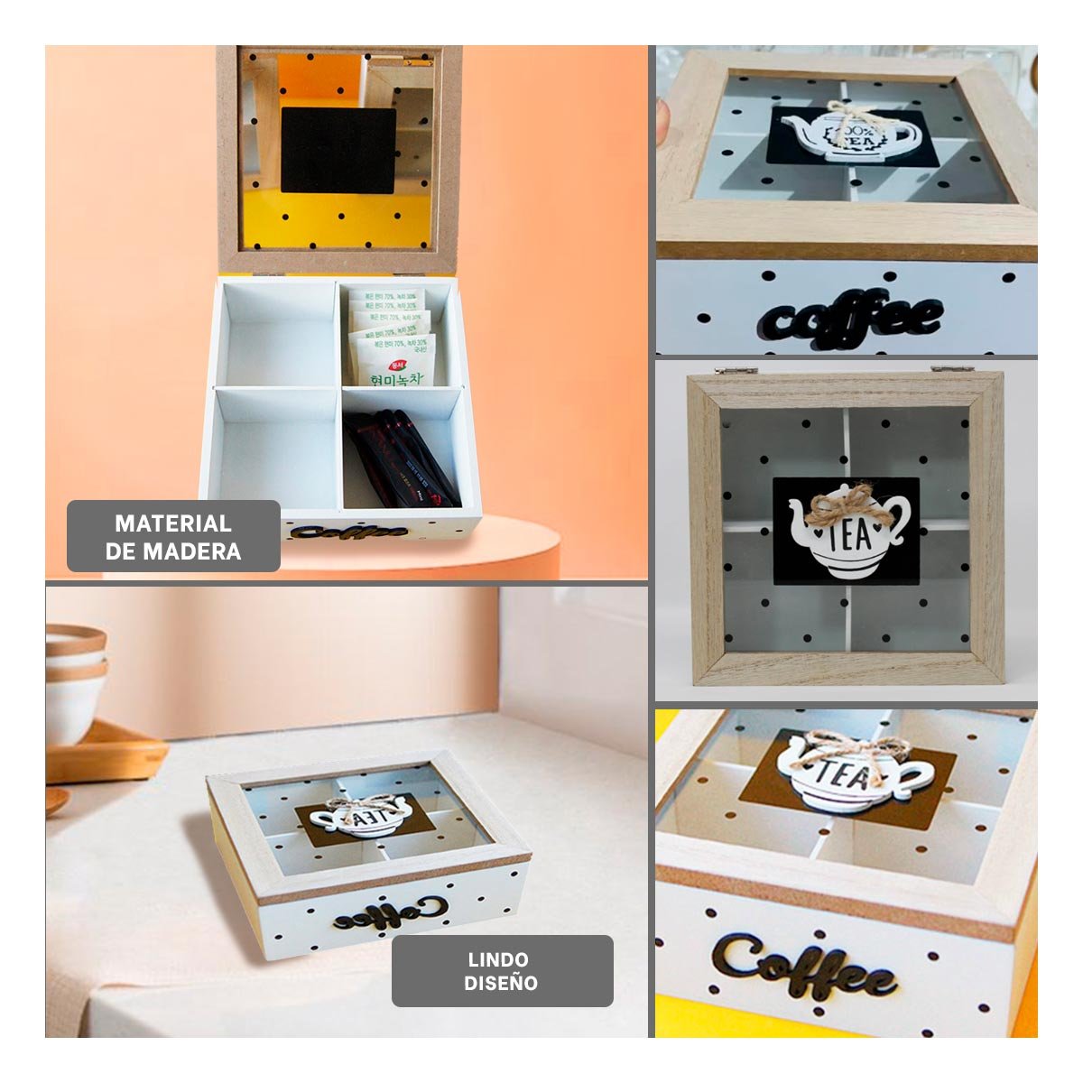 ESTUCHE DE MADERA MULTIUSO CON COMPARTIMENTOS PARA TE Y CAFE BLANCO DECORACION HOGAR Y+POST IT - 5