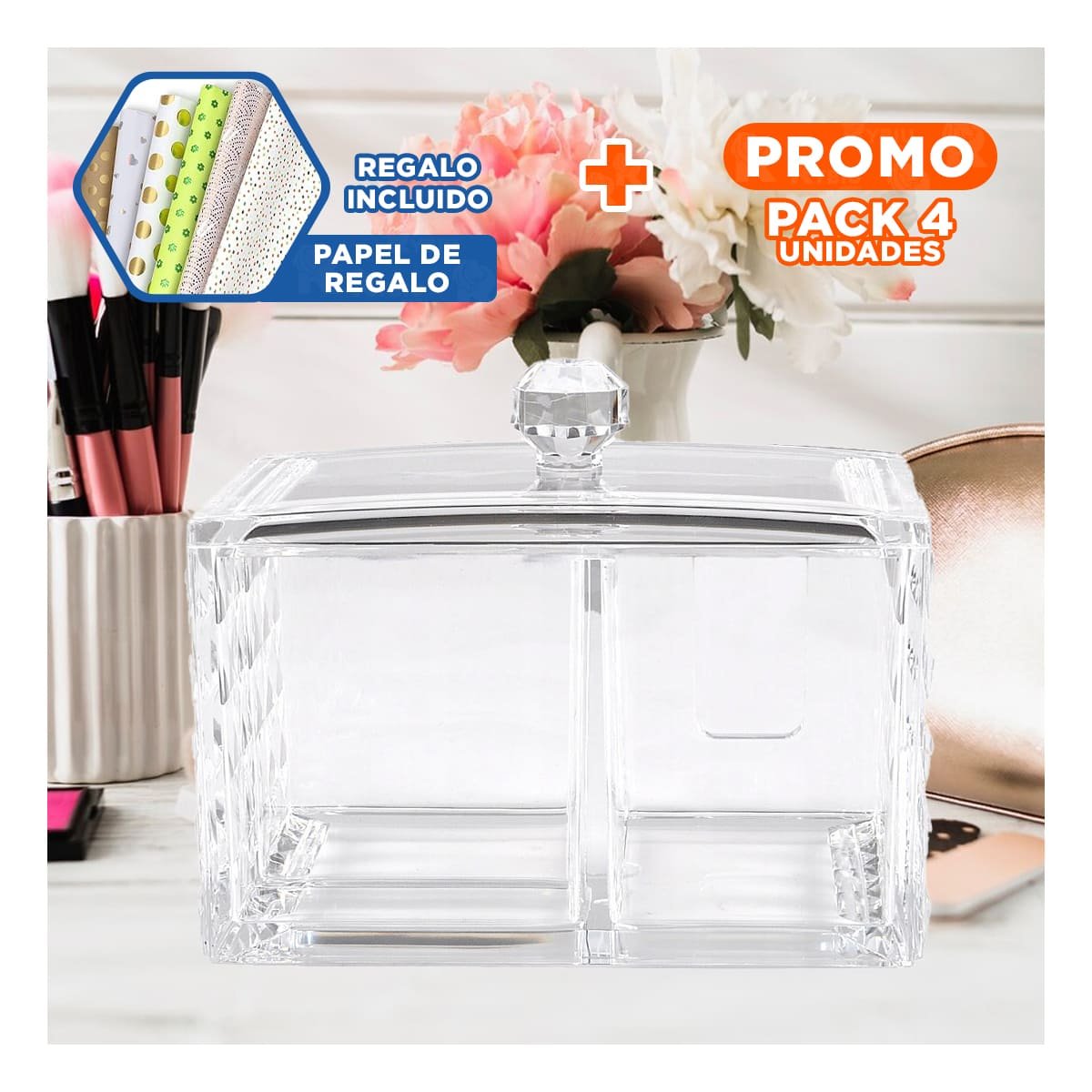 PACK4 ESTUCHE ACRILICO 2 DIVISIONES CON TAPA TRANSPARENTE PARA MANTENER ORDEN Y+PAPEL REGALO - 1