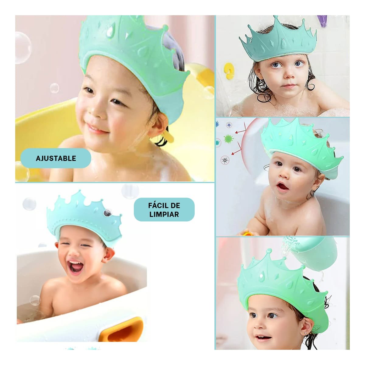 CORONA AJUSTABLE INFANTIL PARA DUCHA EN ESTILO GORRO VERDE AGUA Y+POST IT - 5