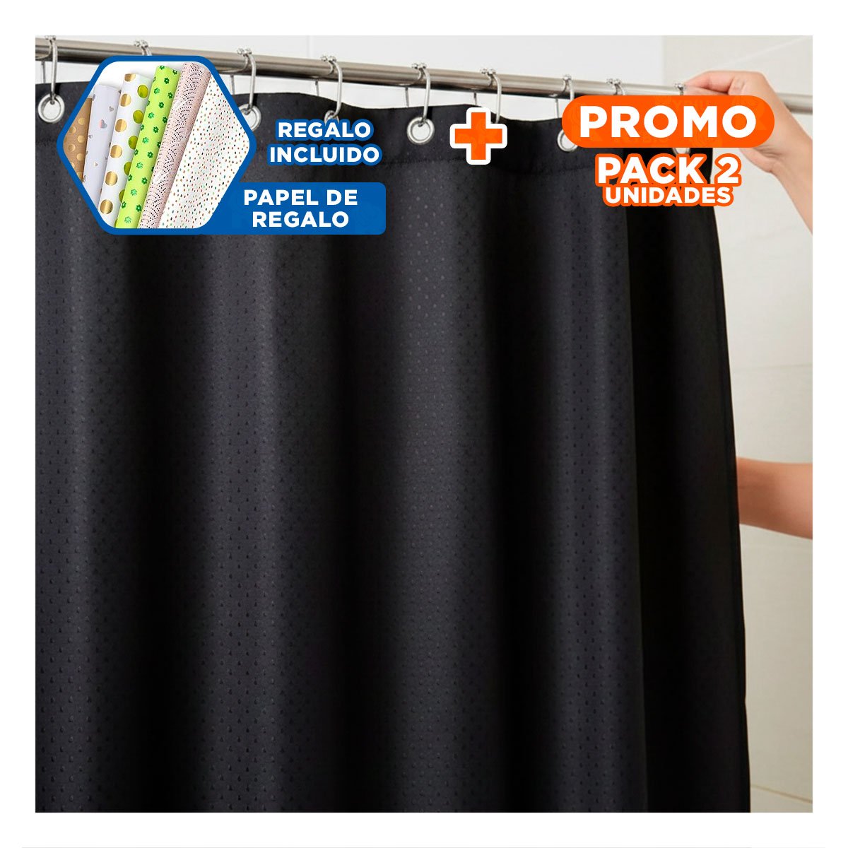 PACK2 CORTINA DE DUCHA EN NEGRO CON PATRON TRIANGULOS Y MEDIDAS 180X180CM YPAPEL REGALO - 1