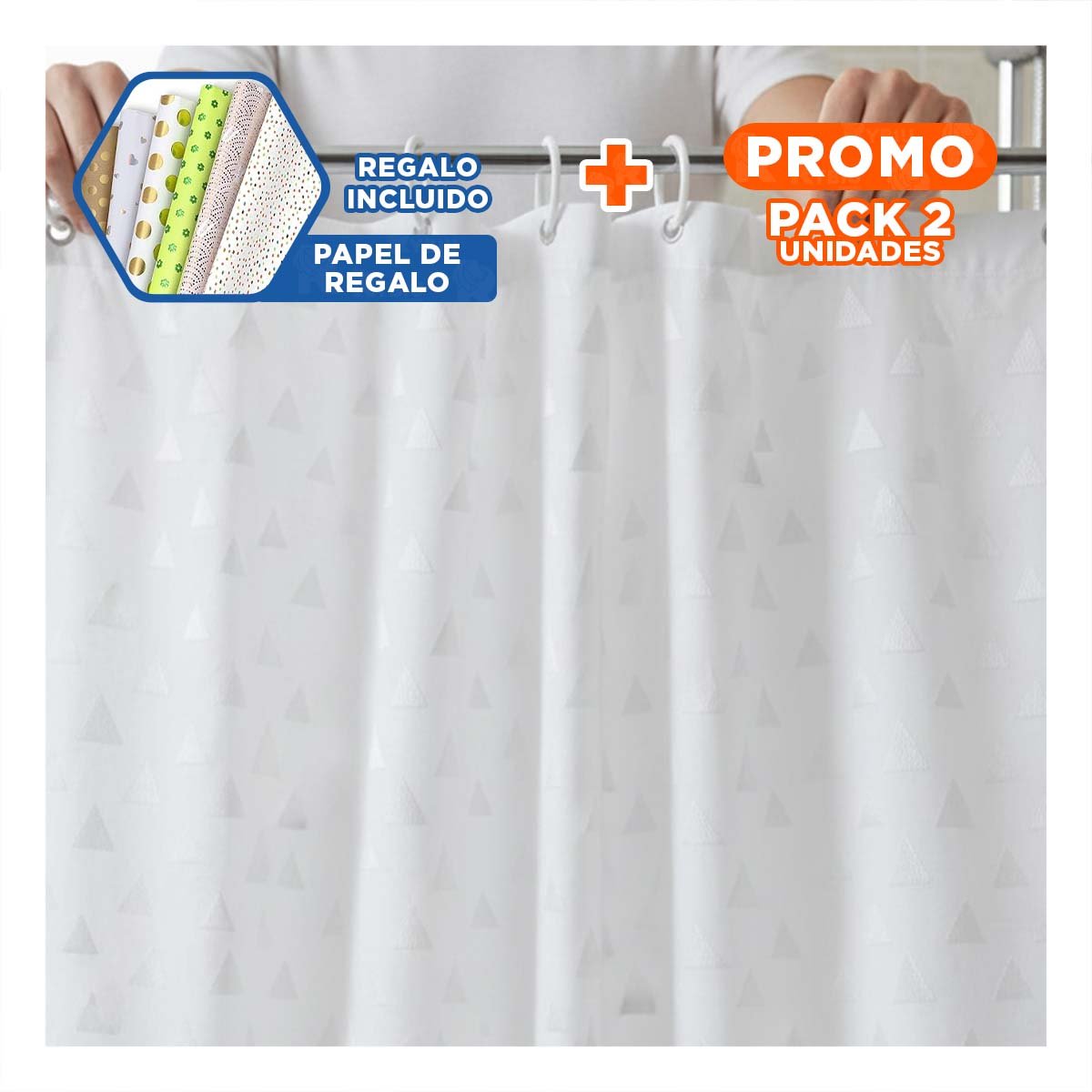 PACK2 CORTINA DE DUCHA EN BLANCO CON PATRON TRIANGULOS Y MEDIDAS 180X180CM YPAPEL REGALO - 1