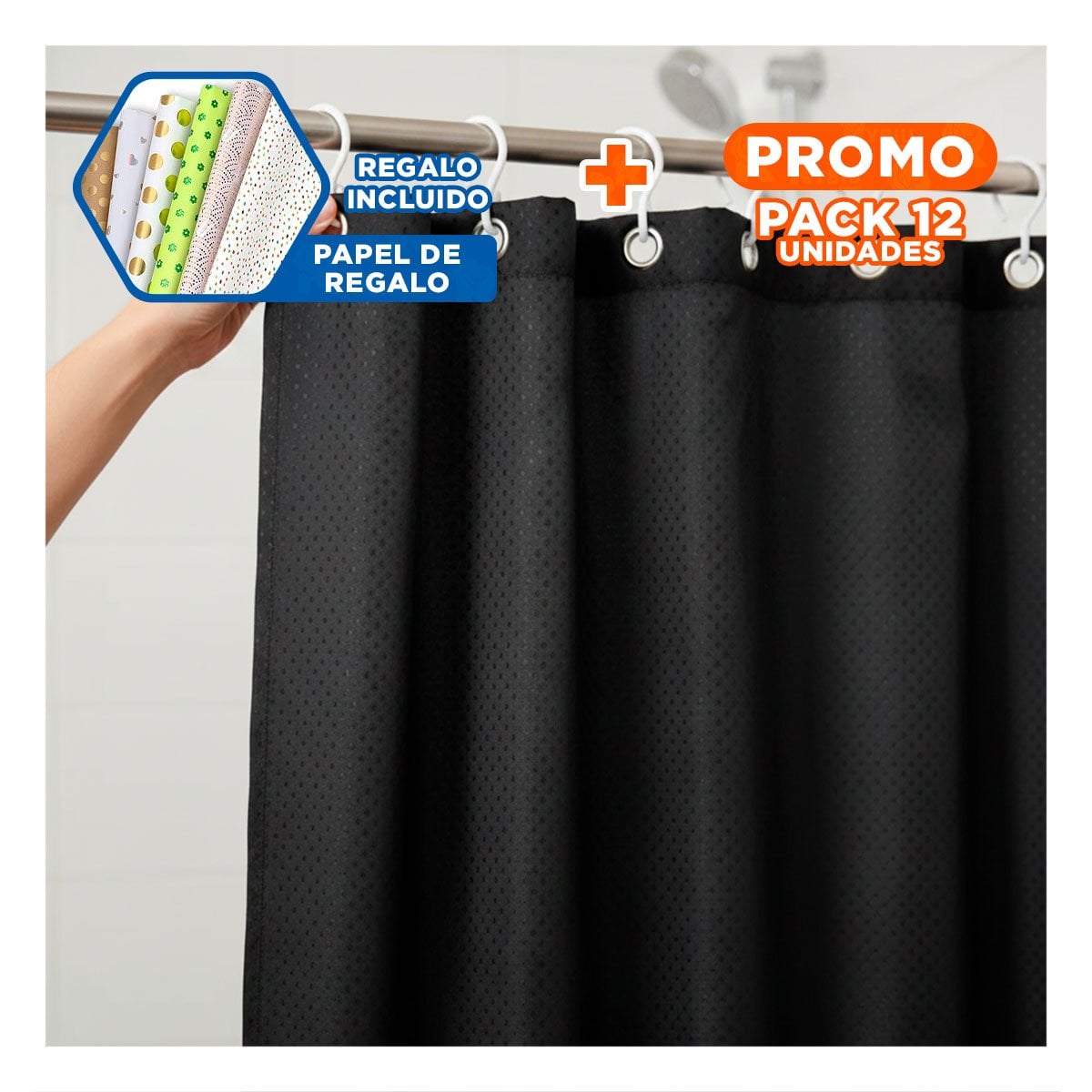 PACK12 PROTECCION NEGRO CON PATRON TRIANGULOS PARA DUCHA 180X180CM YPAPEL REGALO - 1