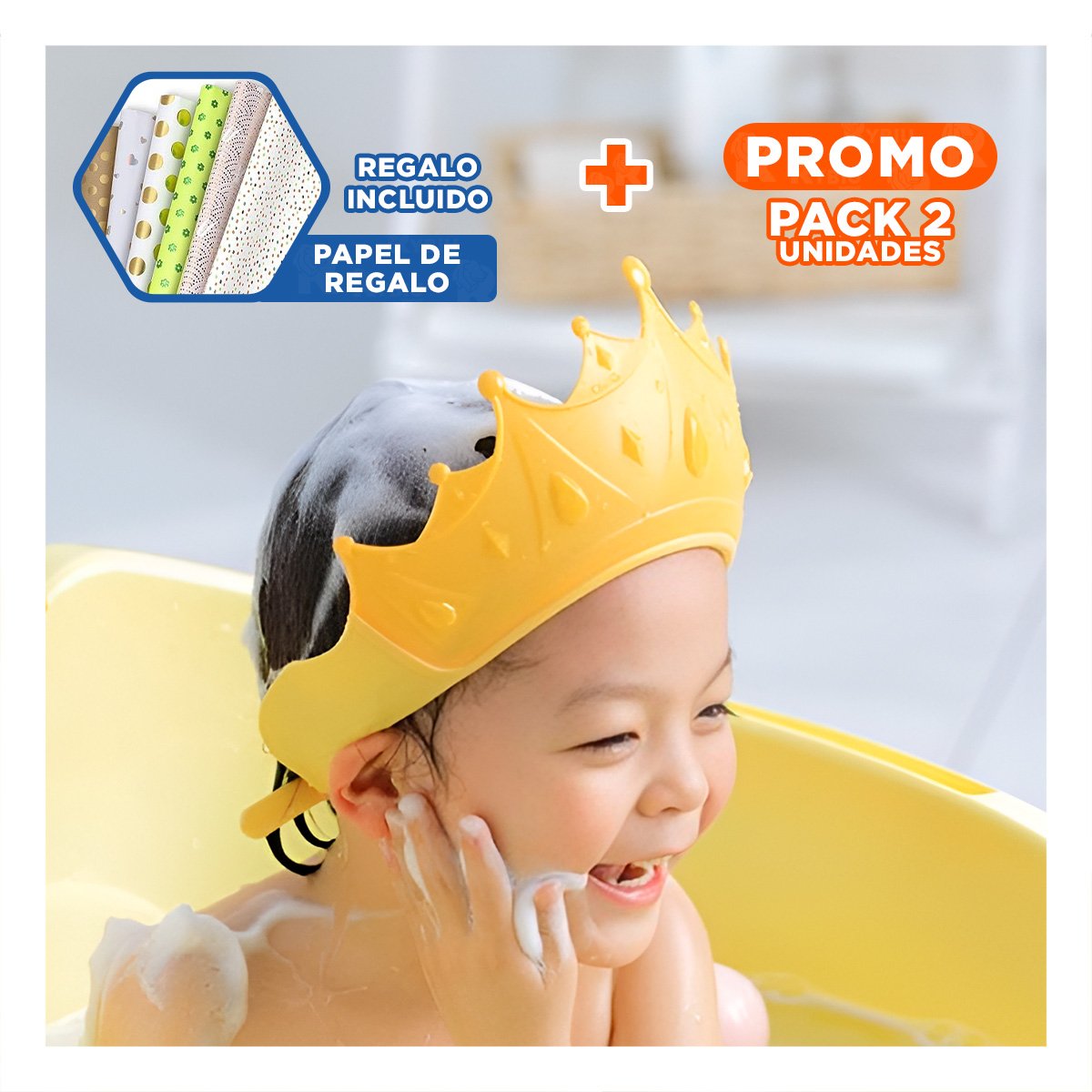 PACK2 GORRO INFANTIL TIPO CORONA AJUSTABLE DE DUCHA EN AMARILLO LIGERO Y+PAPEL REGALO - 1