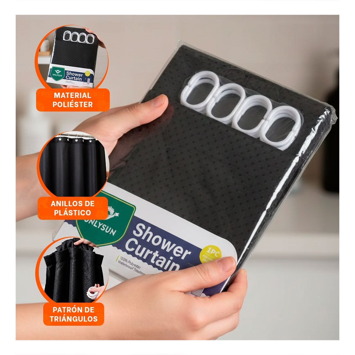 PACK4 CORTINA NEGRO PARA DUCHA CON DISTRIBUCION DE TRIANGULOS 180X180CM - 5