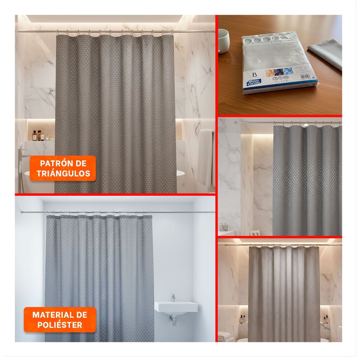 CORTINA PARA DUCHA CON PATRON TRIANGULOS COLOR PLOMO EN FORMATO 180X180CM - 2
