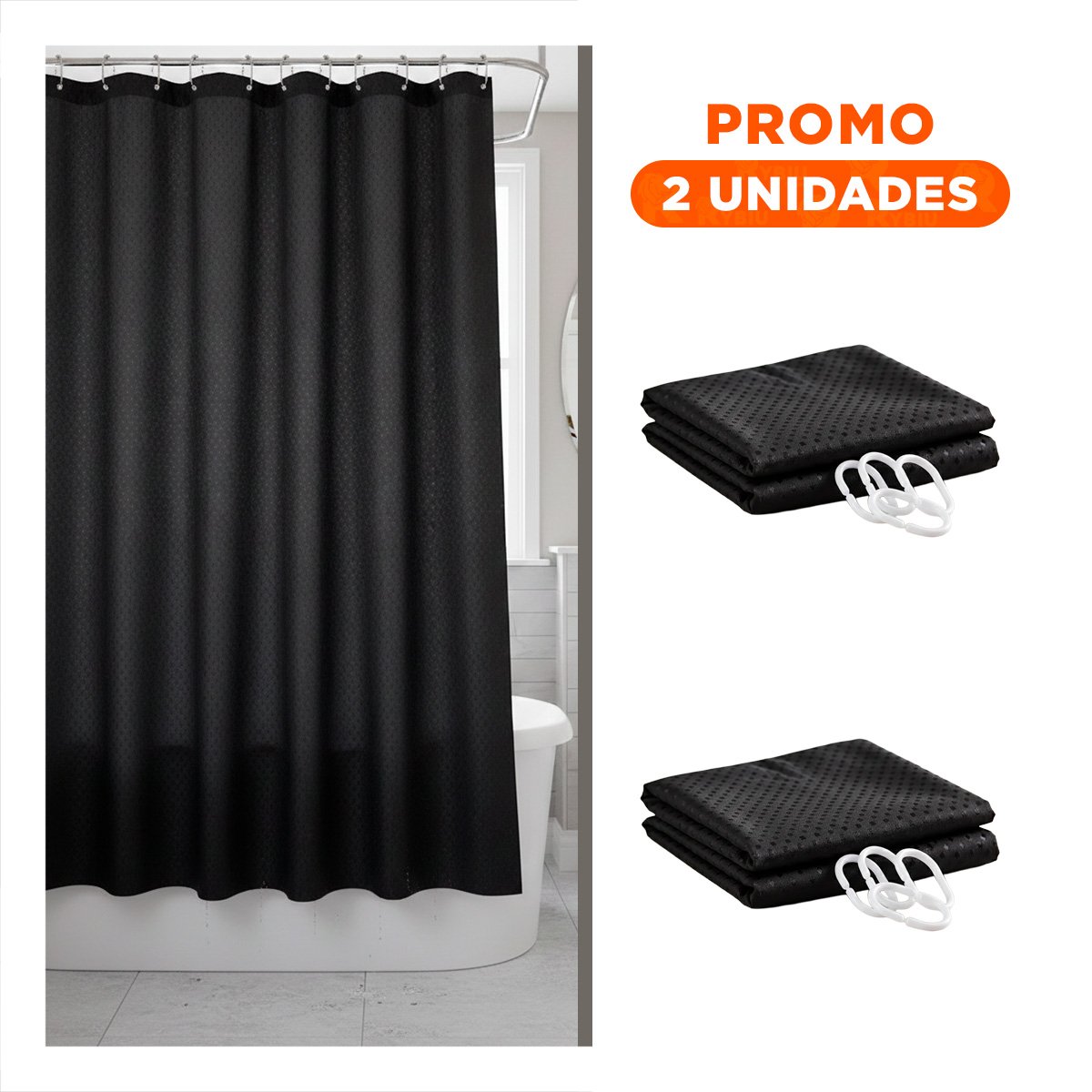 PACK2 CORTINA NEGRO CON PATRON TRIANGULOS PENSADA PARA DUCHA EN 180X180CM - 1