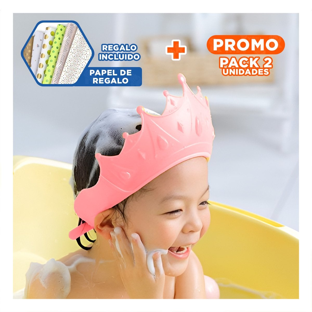 PACK2 GORRO INFANTIL TIPO CORONA AJUSTABLE DE DUCHA EN ROSADO LIGERO Y+PAPEL REGALO - 1