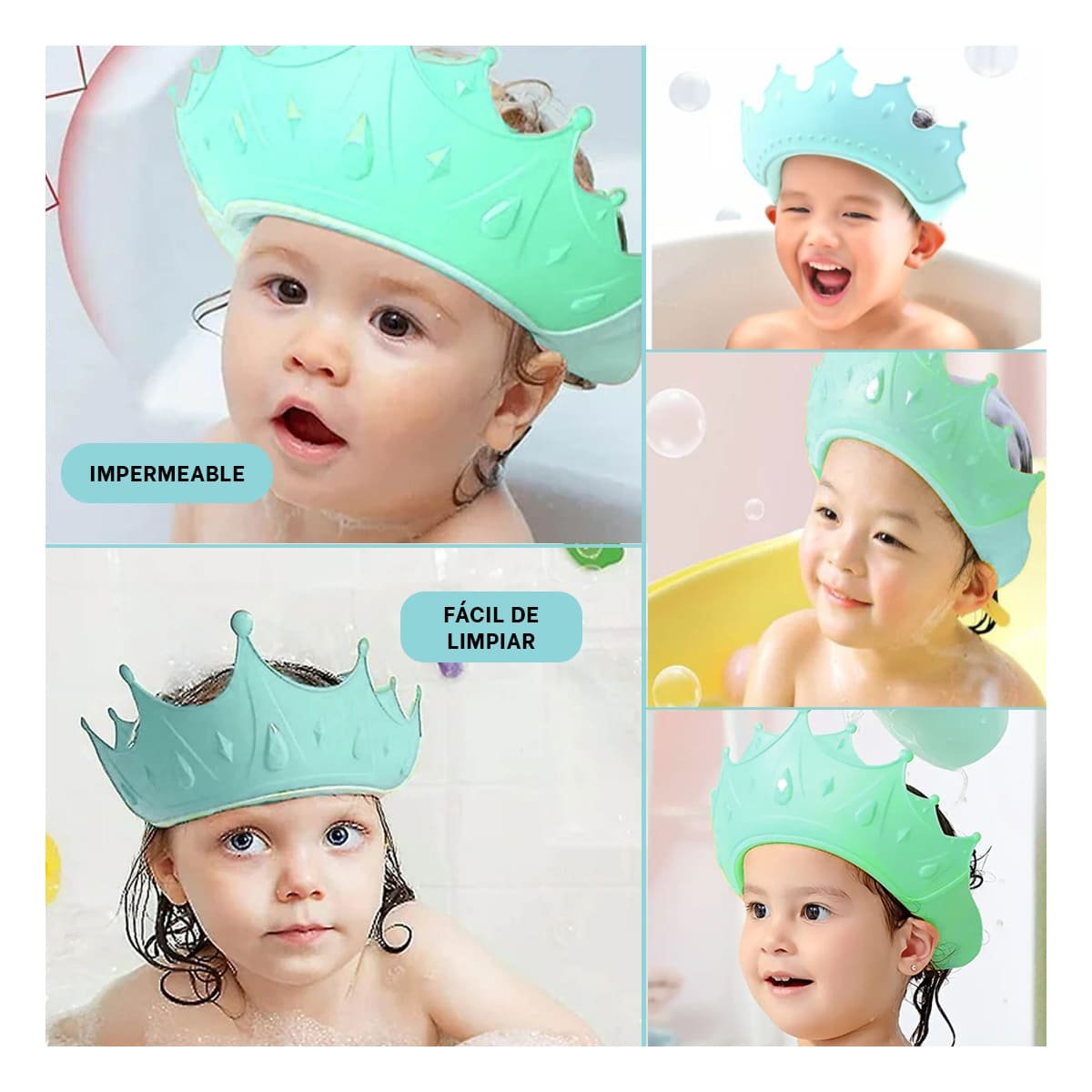 CORONA DE DUCHA INFANTIL AJUSTABLE TIPO GORRO EN VERDE AGUA - 5