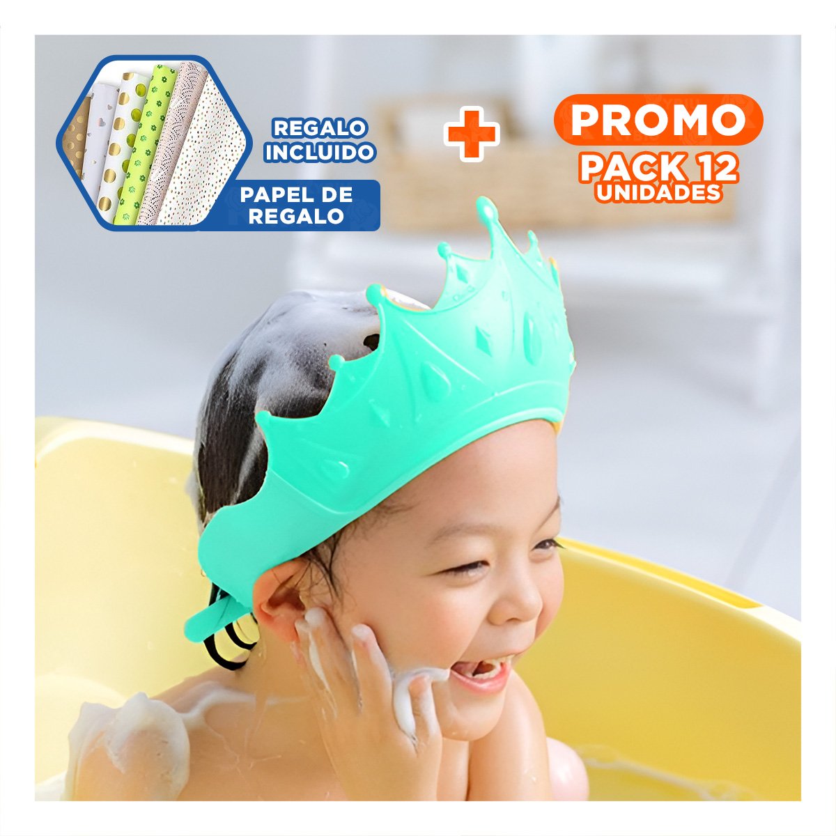 PACK12 PROTECTOR AJUSTABLE PARA DUCHA INFANTIL FORMA CORONA VERDE AGUA Y+PAPEL REGALO - 1