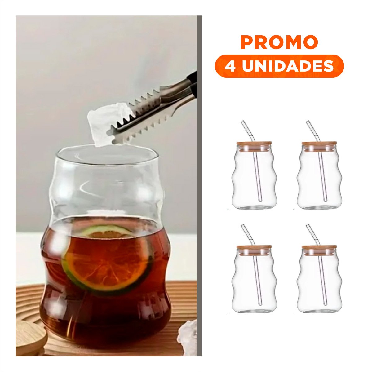 PACK4 JARRA DE VIDRIO 500ML CON TAPA Y SORBETE TRANSPARENTE PARA BEBIDAS FRIAS Y+REGALO STICKER - 1