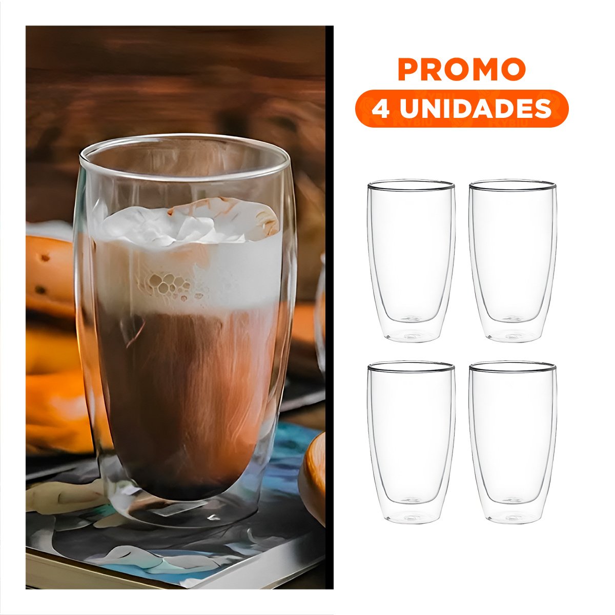 PACK4 COPA DE VIDRIO BOROSILICATO 400ML VERSION DOBLE CAPA EN TRANSPARENTE Y+REGALO STICKER - 1
