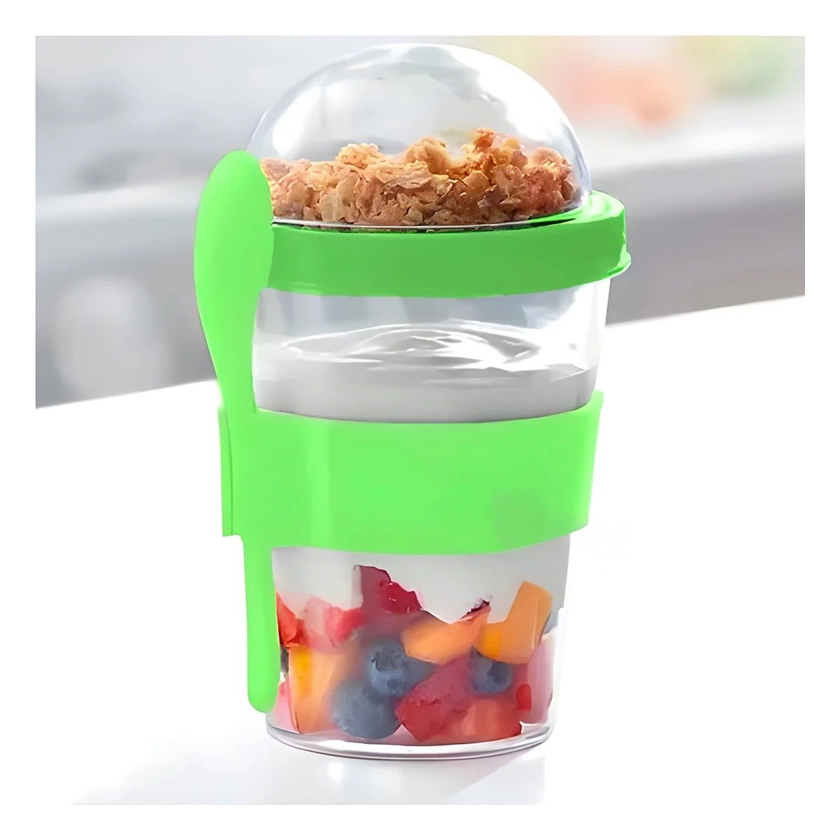 PACK2 VASO CON CUCHARA REUTILIZABLE PARA YOGURT Y CEREAL 350 ML VERDE LIMON - 2