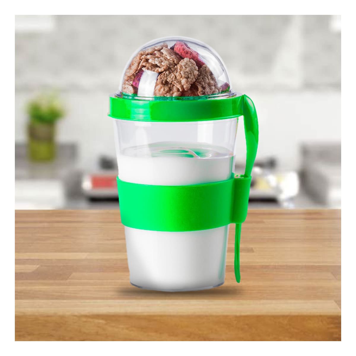 PACK2 VASO CON CUCHARA REUTILIZABLE PARA YOGURT Y CEREAL 350 ML VERDE LIMON - 5