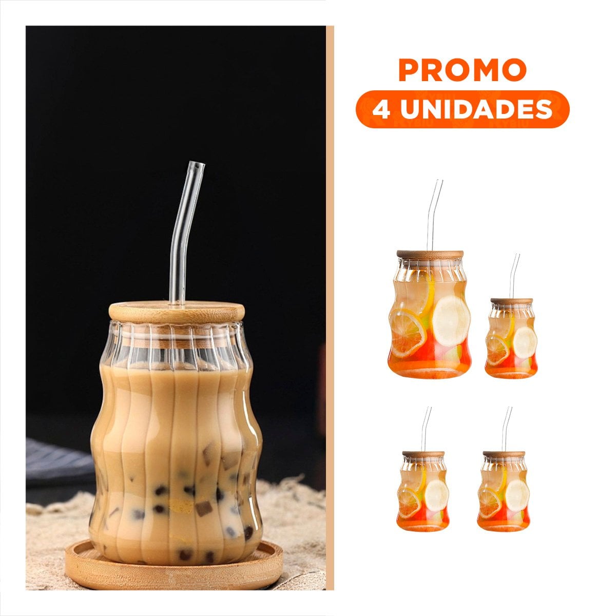 PACK4 JARRA TRANSPARENTE 500 ML CON TAPA SEGURA Y SORBETE Y+REGALO STICKER - 1