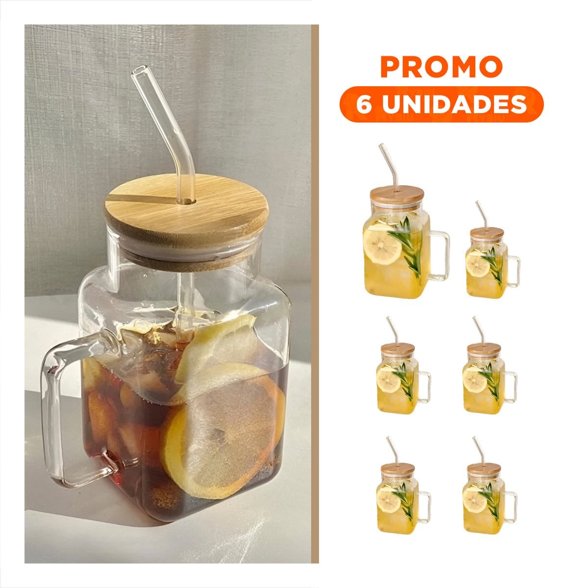 PACK6 RECIPIENTE MODERNO 500ML CON ASA Y SORBETE - 1