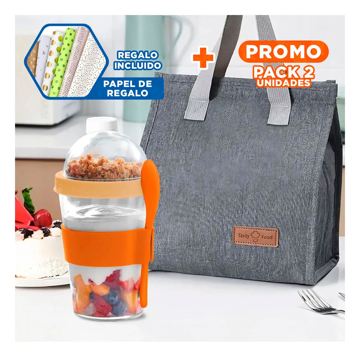 PACK2 VASO ANARANJADO DE 350 ML PARA COLACION MATUTINA CON PRACTICA CUCHARA Y+PAPEL REGALO - 1