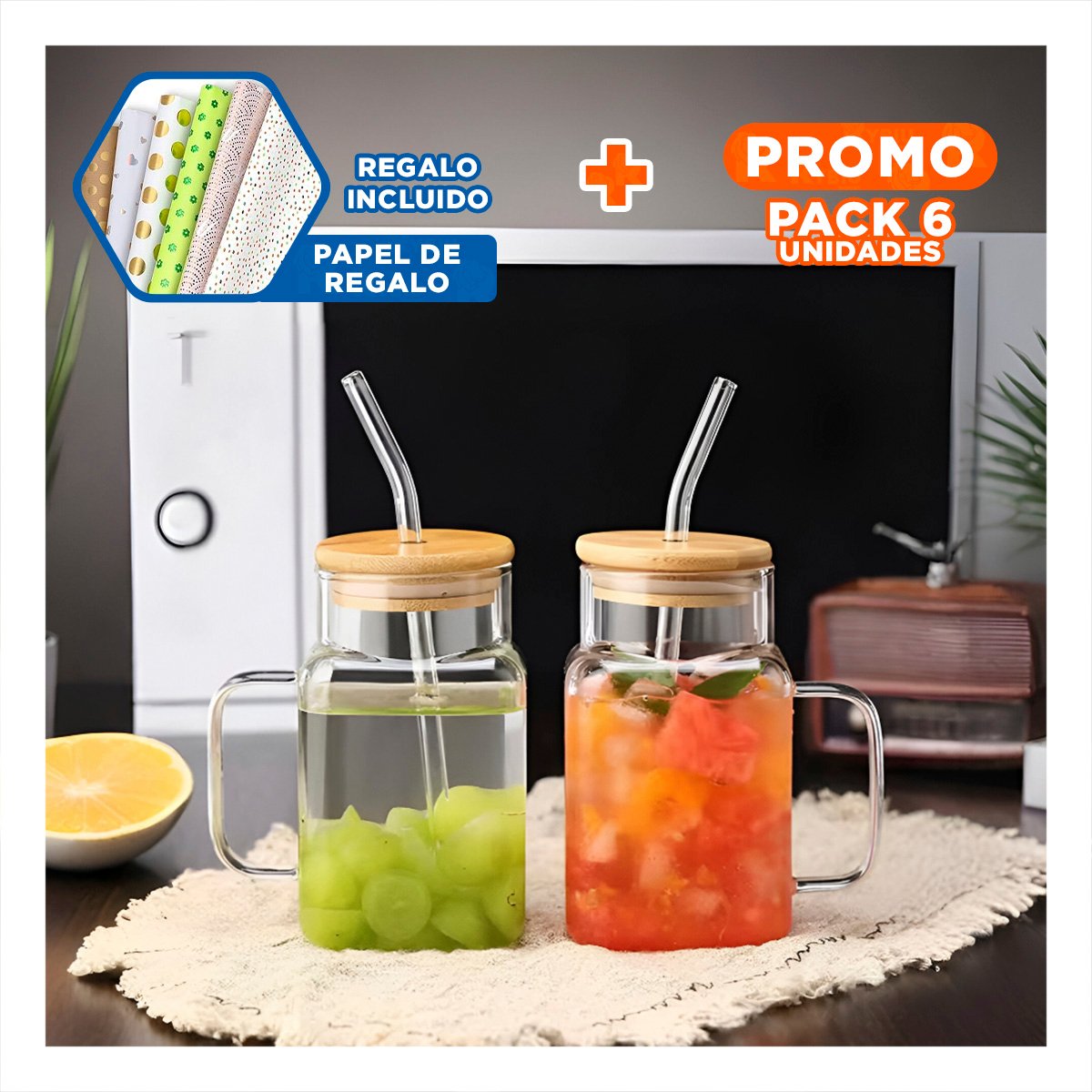 PACK6 RECIPIENTE CUADRADO TRANSPARENTE CON TAPA 500ML Y+PAPEL REGALO - 1