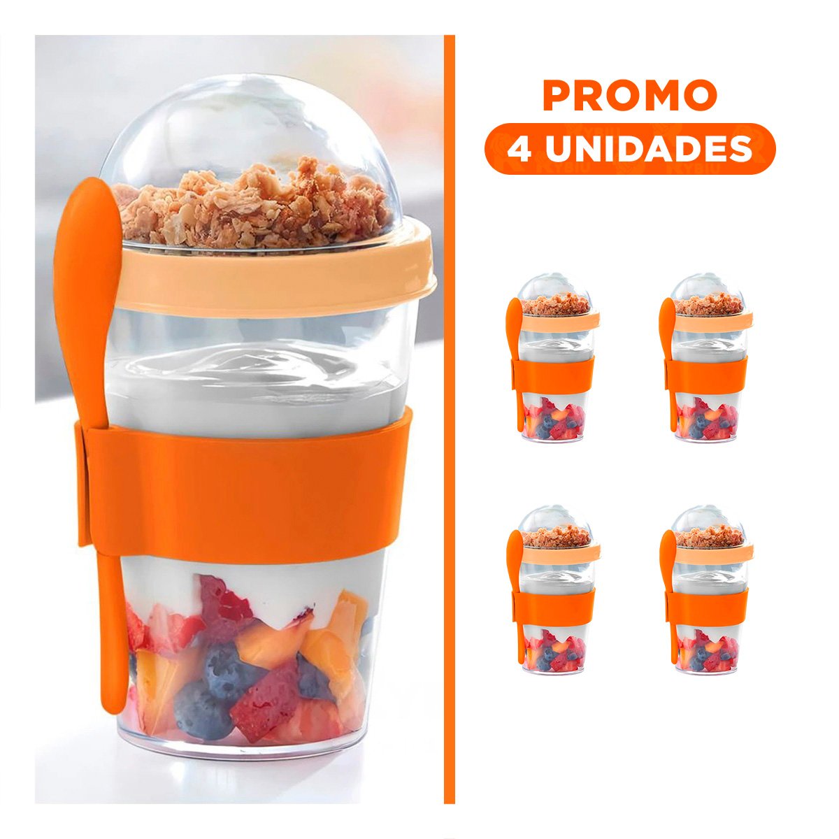 PACK4 CONTENEDOR 350 ML CON CUCHARA ANARANJADO PARA RUTINA PRACTICA Y+REGALO STICKER - 1