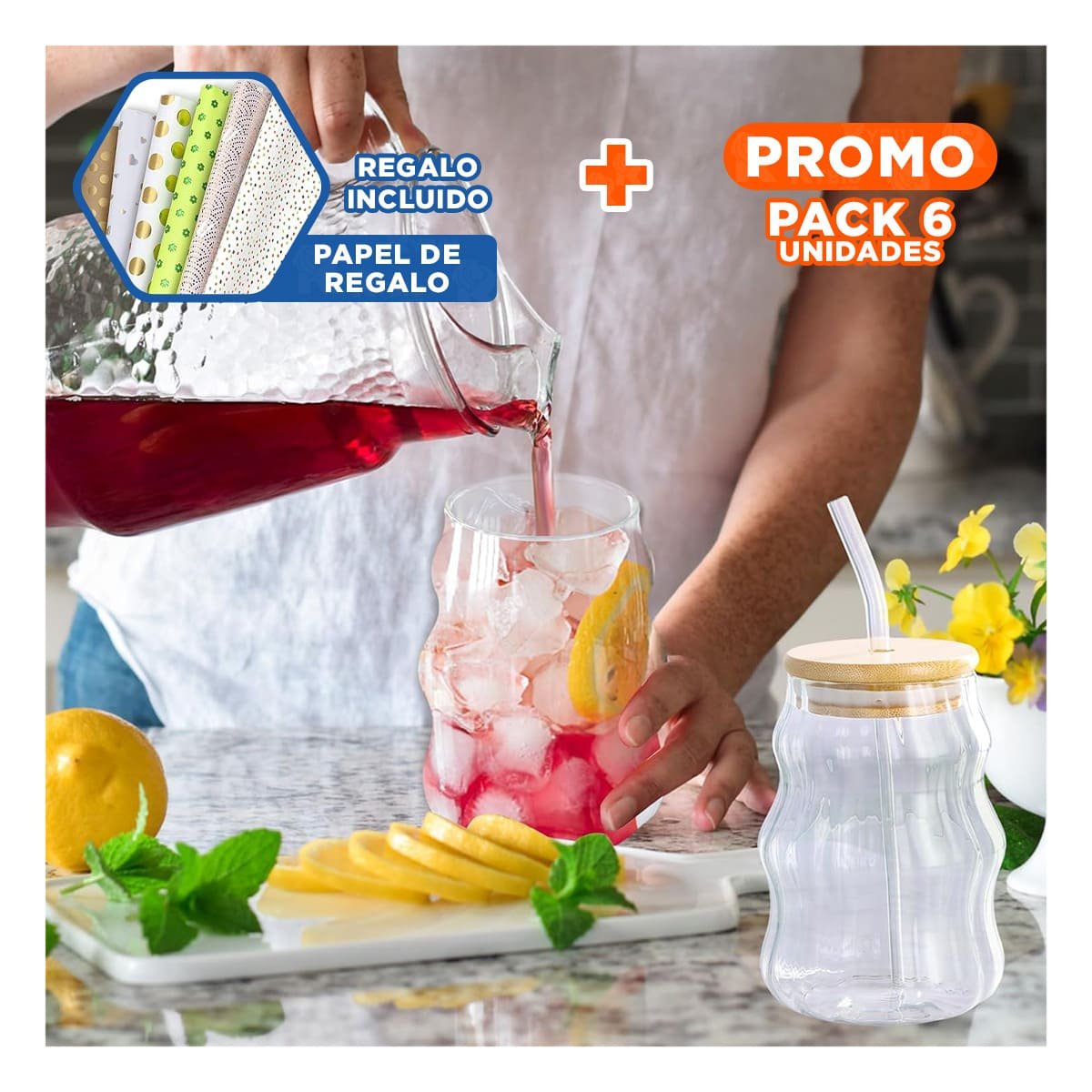 PACK6 JARRA REUTILIZABLE 500 ML CON SORBETE Y TAPA PRACTICA Y+PAPEL REGALO - 1