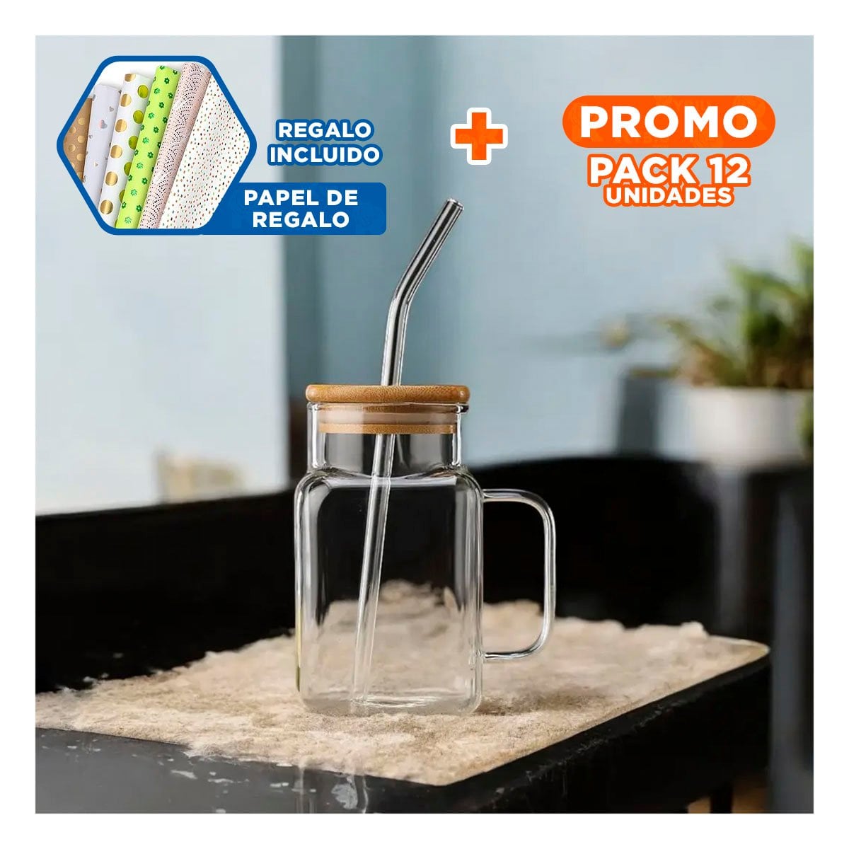 PACK12 CONTENEDOR ANCHO DE VIDRIO CON TAPA Y SORBETE 500ML Y+PAPEL REGALO - 1